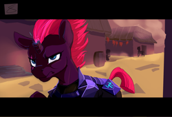 Size: 2000x1360 | Tagged: safe, artist:fizzlesoda2000, tempest shadow, pony, unicorn, my little pony: the movie, armor, broken horn, building, commander, eye scar, female, horn, mare, scar, scenery, solo, sparking horn