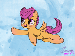 Size: 1024x768 | Tagged: safe, artist:deazelmagenta, scootaloo, pegasus, pony, cute, cutealoo, female, filly, flying, scootaloo can fly, solo