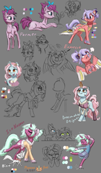 Size: 2305x3951 | Tagged: safe, artist:floofyfoxcomics, oc, oc only, oc:expresso, oc:ice bloom, oc:purple farmer, oc:winter fashionista, dog, earth pony, pegasus, pony, unicorn, apron, clothes, colored sketch, female, high res, ice skating, mare, saddle, sketch, tack