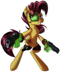 Size: 1554x1845 | Tagged: safe, artist:beardie, oc, oc only, earth pony, pony, bipedal, cyberpunk, earth pony magic, edgy, gun, magic, magic hands, simple background, solo, transparent background, visor, weapon