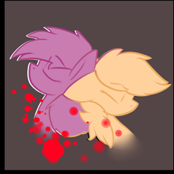 Size: 750x750 | Tagged: safe, artist:conmanwolf, scootaloo, oc, oc:violet, pony, fanfic:rainbow factory, ask factory scootaloo, blood, factory scootaloo