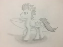 Size: 4032x3024 | Tagged: safe, artist:optic-rainfall, soarin', pegasus, pony, backwards cutie mark, male, pencil drawing, solo, stallion, surfboard, traditional art