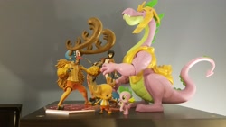 Size: 4032x2268 | Tagged: safe, spike, deer, dragon, reindeer, attack on titan, chibi, crossover, figurine, growth spurt, hoofbump, mikasa ackerman, one piece, size comparison, size difference, spikezilla, tony tony chopper, toy