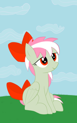 Size: 1000x1600 | Tagged: safe, artist:totallynotabronyfim, oc, oc only, oc:tabula rasa, pegasus, pony, bow, female, hair bow, sitting, sky, solo