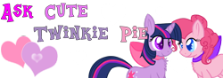 Size: 1000x350 | Tagged: safe, artist:justagirlonline, pinkie pie, twilight sparkle, earth pony, pony, ask cute twinkie pie, female, lesbian, neck bow, shipping, twinkie