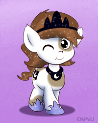 Size: 800x1000 | Tagged: safe, artist:empyu, pipsqueak, pony, best boi, clothes, colt, costume, crossdressing, cute, looking at you, male, one eye closed, smiling, wink