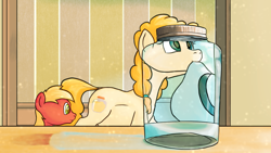 Size: 2870x1614 | Tagged: safe, artist:aaronmk, big macintosh, pear butter, earth pony, pony, the perfect pear, hat, jar, mouth hold, pregnant, sun hat, younger