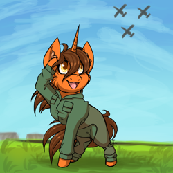 Size: 1024x1024 | Tagged: safe, artist:ombraniwolf, oc, oc only, oc:digital sketch, unicorn, chibi, clothes, grass, plane, uniform