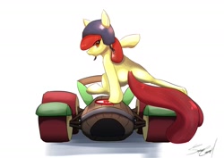 Size: 1842x1302 | Tagged: safe, artist:sakuracheetah, apple bloom, the cart before the ponies, applewood derby, cart, helmet, solo