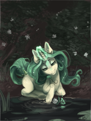 Size: 501x667 | Tagged: safe, artist:kingbalberith, oc, oc only, pony, unicorn, female, flower, glowing horn, lidded eyes, magic, mare, smiling, solo, telekinesis, water