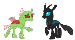 Size: 10000x5336 | Tagged: safe, artist:no-time-for-caution, artist:strangerdragos, changedling, changeling, to where and back again, absurd resolution, dark changedling, image macro, meme, new design, palette swap, recolor, simple background, transparent background