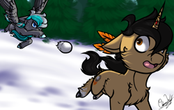 Size: 1900x1200 | Tagged: safe, artist:ombraniwolf, oc, oc only, oc:kyuflake, oc:mooncatcher, pegasus, pony, unicorn, snow, snowball, snowball fight