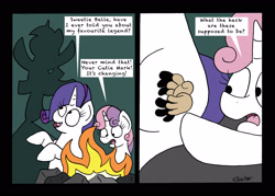 Size: 2439x1742 | Tagged: safe, artist:bobthedalek, rarity, sweetie belle, twilight sparkle, pony, unicorn, campfire tales, ballerina, campfire, comic, duo, hand, new cutie mark, shadow, shadow pony, shadow puppets, tutu, twilarina