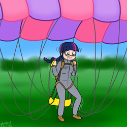 Size: 1500x1500 | Tagged: safe, artist:phallen1, twilight sparkle, human, air ponyville, alternate hairstyle, atg 2017, braid, clothes, goggles, grin, humanized, jumpsuit, newbie artist training grounds, parachute, shaking, smiling, solo, standing