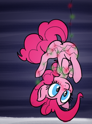 Size: 1182x1592 | Tagged: safe, artist:mang, derpibooru import, pinkie pie, earth pony, pony, 30 minute art challenge, blushing, christmas lights, plot, solo, suspended, upside down