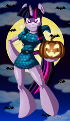 Size: 1000x1742 | Tagged: safe, artist:xjkenny, twilight sparkle, twilight sparkle (alicorn), alicorn, anthro, bat, unguligrade anthro, arm hooves, breasts, cloud, female, full moon, halloween, holiday, jack-o-lantern, mare, moon, night, pumpkin, smiling