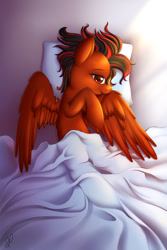Size: 800x1200 | Tagged: safe, artist:divlight, oc, oc only, oc:ruby clockwork, bed, blanket, looking at you, morning ponies, pillow, smiling, solo, spread wings