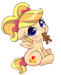 Size: 600x737 | Tagged: safe, artist:mimijuliane, oc, oc only, oc:mimi, pegasus, pony, bow, cookie, cute, female, filly, food, gingerbread man, hair bow, looking at you, mouth hold, ocbetes, simple background, solo, tail bow, transparent background