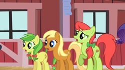 Size: 1280x720 | Tagged: safe, screencap, apple cobbler, apple fritter, peachy sweet, earth pony, pony, the last roundup, apple family member, background pony, bow, female, hair bow, mare, open mouth, raised hoof, shocked, trio