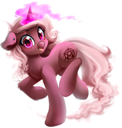 Size: 1570x1650 | Tagged: safe, artist:meotashie, oc, oc only, oc:crona, pony, unicorn, commission, female, glowing horn, magic, mare, simple background, smiling, solo, transparent background