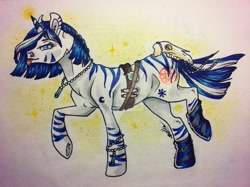 Size: 1023x767 | Tagged: safe, artist:vanialyart, oc, oc only, oc:umbra, zebra, zebracorn, :p, clothes, commission, magic, socks, solo, striped socks, tongue out, traditional art, watermark, zebra oc