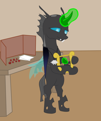 Size: 2500x2989 | Tagged: safe, artist:glacierfrostclaw, oc, oc only, oc:tinny voice, changeling, bipedal, dice, dungeons and dragons, female, jewelry, lidded eyes, lyre, magic, mare, musical instrument, pendant, smiling, solo, standing up, table