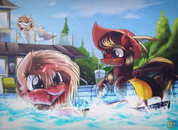 Size: 1500x1100 | Tagged: safe, artist:ruhisu, oc, oc only, bat pony, pegasus, pony, commission, eyes closed, female, hat, house, mare, prone, raised hoof, sky, smiling, swimming pool, trio, water