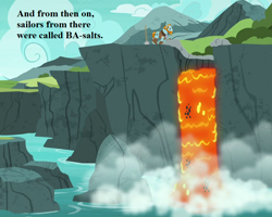 Size: 900x720 | Tagged: safe, edit, edited screencap, screencap, rockhoof, earth pony, pony, campfire tales, cliff, cropped, lava, lavafall, male, pun, stallion, steam, text, water