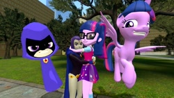 Size: 1366x768 | Tagged: safe, artist:migueruchan, sci-twi, twilight sparkle, twilight sparkle (alicorn), alicorn, 3d, crossover, gmod, raven (teen titans), tara strong, teen titans, teen titans go, twolight, voice actor joke