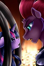 Size: 1024x1536 | Tagged: safe, artist:crecious, tempest shadow, twilight sparkle, twilight sparkle (alicorn), alicorn, pony, unicorn, my little pony: the movie, broken horn, cage, female, looking at each other, mare, open mouth, open up your eyes, scene interpretation