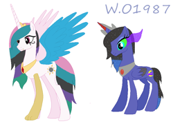 Size: 838x622 | Tagged: safe, artist:wildokami1987, oc, oc only, oc:pandora, oc:selena, hybrid, interspecies offspring, offspring, parent:discord, parent:king sombra, parent:princess celestia, parent:princess luna, parents:dislestia, parents:lumbra