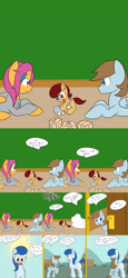 Size: 2400x5200 | Tagged: safe, artist:jake heritagu, scootaloo, oc, oc:clearwater, oc:lightning blitz, pegasus, pony, comic:ask motherly scootaloo, baby, baby pony, blocks, chip mint, colt, comic, dialogue, father and child, father and son, female, hairpin, male, mother and child, mother and son, motherly scootaloo, offspring, older, older scootaloo, parent and child, parent:rain catcher, parent:scootaloo, parents:catcherloo, rain catcher, speech bubble, sweatshirt, toy, toy car