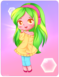 Size: 500x650 | Tagged: safe, artist:electricshine, lemon zest, equestria girls, friendship games, blushing, chibi, clothes, cute, gradient background, long hair, looking at you, open mouth, shoes, smiling, solo, strapless