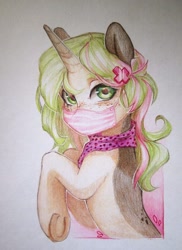 Size: 1358x1866 | Tagged: safe, artist:aphphphphp, oc, oc only, pony, unicorn, clothes, female, mare, mask, pale belly, pinto, scarf, solo, traditional art