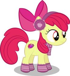 Size: 2307x2500 | Tagged: safe, artist:perplexedpegasus, apple bloom, earth pony, pony, clothes, earmuffs, female, filly, scarf, simple background, socks, solo, striped socks, transparent background, vector, winter outfit