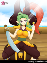 Size: 750x1000 | Tagged: safe, artist:clouddg, captain celaeno, human, my little pony: the movie, breasts, clothes, cloud, elf ears, female, humanized, looking at you, pirate, ship, smiling, solo, sword, treasure chest, water, weapon