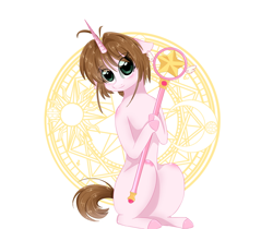 Size: 1024x860 | Tagged: safe, artist:little-sketches, pony, unicorn, anime, cardcaptor sakura, crossover, eye clipping through hair, female, looking at you, magic, magic circle, mare, ponified, sakura kinomoto, sitting, smiling, staff