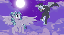 Size: 3377x1822 | Tagged: safe, artist:gypsycharm, oc, oc only, oc:midnight blaze, oc:moonbeam glimmer, pegasus, pony, fanfic:the bridge, beamzilla, duo, female, flying, male, mare, mother and child, mother and son, parent and child, parent:godzilla junior, parent:oc:moonbeam glimmer, parents:beamzilla, stallion