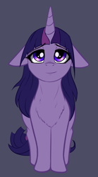 Size: 1582x2840 | Tagged: safe, artist:duop-qoub, twilight sparkle, twilight sparkle (alicorn), alicorn, pony, bedroom eyes, chest fluff, cute, descended twilight, female, floppy ears, fluffy, gray background, lidded eyes, long mane, looking at you, looking up, mare, simple background, sitting, smiling, solo, twiabetes