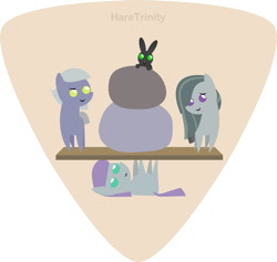 Size: 685x649 | Tagged: safe, artist:haretrinity, limestone pie, marble pie, maud pie, pony, rabbit, clothes, on back, pointy ponies, rock, smiling