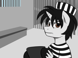 Size: 1280x960 | Tagged: source needed, useless source url, safe, artist:jcosneverexisted, oc, oc only, oc:creative flair, pony, unicorn, adventures of flair, angry, clothes, explicit source, hat, prison, prison outfit, prisoner, tablet