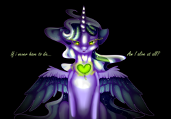 Size: 4320x3000 | Tagged: safe, artist:darsiaradianthorner, oc, oc only, oc:darsia horner, alicorn, alicorn oc, black background, colored wings, drama, green light, heart, immortality blues, simple background, song, text