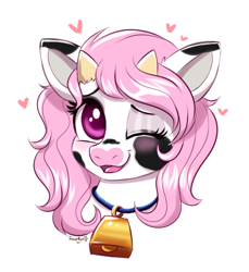 Size: 624x680 | Tagged: safe, artist:confetticakez, oc, oc only, cow, pony, bell, cowbell, female, one eye closed, pink mane, purple eyes, solo