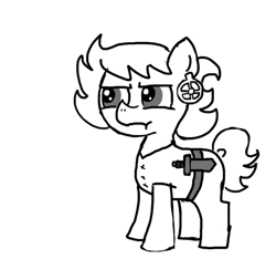 Size: 640x600 | Tagged: safe, artist:ficficponyfic, oc, oc only, oc:ruby rouge, earth pony, pony, belt, child, colt quest, ear piercing, earring, female, filly, foal, frown, irritated, jewelry, knife, monochrome, piercing, solo, story included