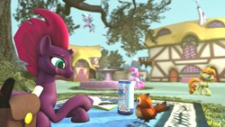 Size: 1280x720 | Tagged: safe, artist:jachau, berry punch, berryshine, carrot top, golden harvest, tempest shadow, bird, pony, unicorn, my little pony: the movie, 3d, bag, blanket, broken horn, drink, eye scar, female, fountain, house, lying down, mare, no armor, pepe (warcraft), quill, scar, scroll, smiling, source filmmaker, tree, warcraft, world of warcraft