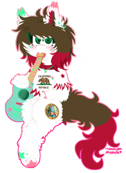 Size: 867x1189 | Tagged: safe, artist:vanillaswirl6, oc, oc only, oc:california, bear, pony, biting, bracelet, brown mane, california, clothes, coat markings, dots, ear piercing, earring, face paint, female, green eyes, guitar, jewelry, looking at you, mare, necklace, piercing, sharp teeth, shirt, simple background, sitting, solo, stars, teeth, transparent background, vanillaswirl6's state ponies