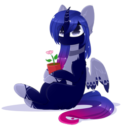 Size: 1024x1064 | Tagged: safe, artist:little-sketches, oc, oc only, oc:yosamu, alicorn, pony, alicorn oc, curved horn, female, flower, flower pot, gradient mane, looking at you, mare, simple background, solo, transparent background