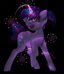 Size: 1760x2049 | Tagged: safe, artist:marsminer, oc, oc only, oc:lavender sundown, pony, unicorn, black background, chest fluff, female, glowing horn, magic, simple background, smiling, solo