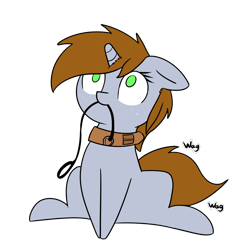 Size: 1078x1084 | Tagged: safe, artist:neuro, oc, oc only, oc:littlepip, pony, unicorn, fallout equestria, behaving like a dog, collar, female, floppy ears, freckles, leash, mare, mouth hold, no pupils, pony pet, simple background, sitting, solo, tail wag, transparent background