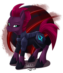 Size: 1864x2160 | Tagged: safe, artist:jovalic, tempest shadow, pony, unicorn, my little pony: the movie, abstract background, armor, broken horn, eye scar, female, mare, scar, signature, solo